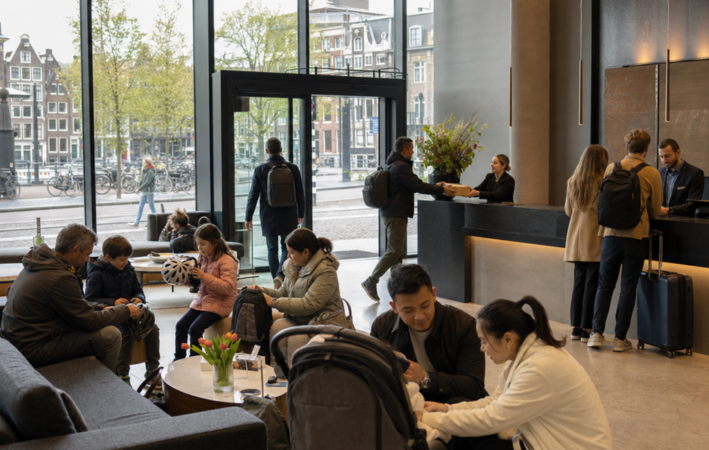Matkalaukkujen kanssa saapuneita hotellivieraita aulassa ennen sisäänkirjautumista.