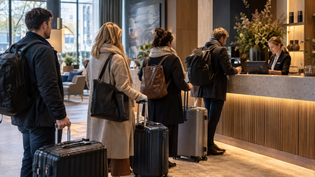 Hotellivieraat jonottavat matkalaukkuineen vastaanottoon matkatavarasäilytyksen hoitamista varten.